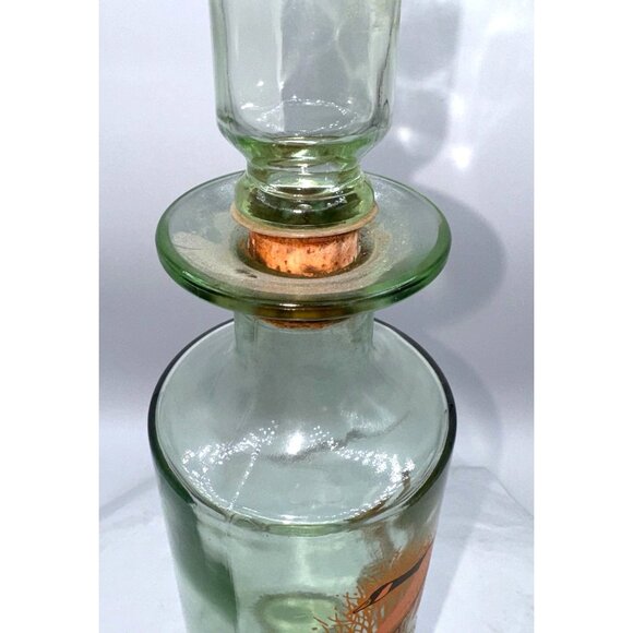 Vintage Green Glass Decanter With Cork Stopper & Orange Canadian Geese Design - Picture 5 of 13